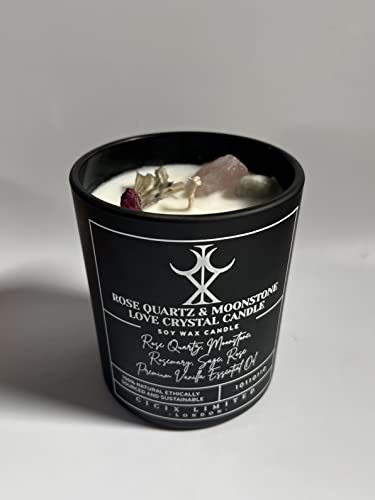 CICIX Luxury Love Crystal Candle with Rose Quartz & Moonstone. Crystal Healing & Botanical Aromatherapy. Wicca Ritual. Gift for Women & Men. Large Candle.