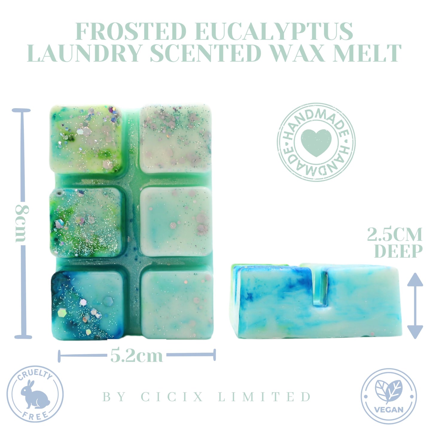 Frosted Eucalyptus – 85g Handmade Artisan Scented Wax Melt Snapbar. Laundry Detergent Clean Scent. Min 75H Burn. Vegan. Strong Scented Candle Alternative For Home And Office. Long Lasting.