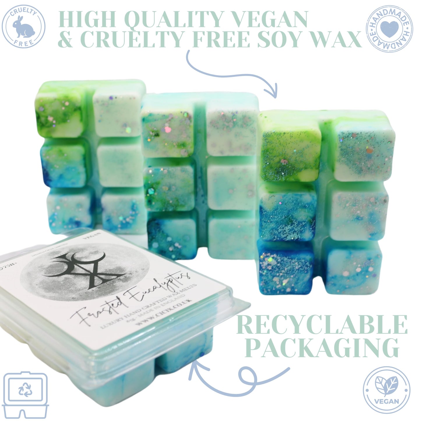 Frosted Eucalyptus – 85g Handmade Artisan Scented Wax Melt Snapbar. Laundry Detergent Clean Scent. Min 75H Burn. Vegan. Strong Scented Candle Alternative For Home And Office. Long Lasting.