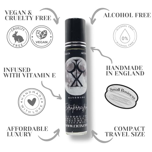 CICIX Alien Inspired Roll on Oil Perfume: EXTRATERRESTRIAL. Perfume Alternative. 9ML. Alcohol Free. Plant Base Ingredient: Vegan and Cruelty Free. Infused With Vitamin E. Handmade in England