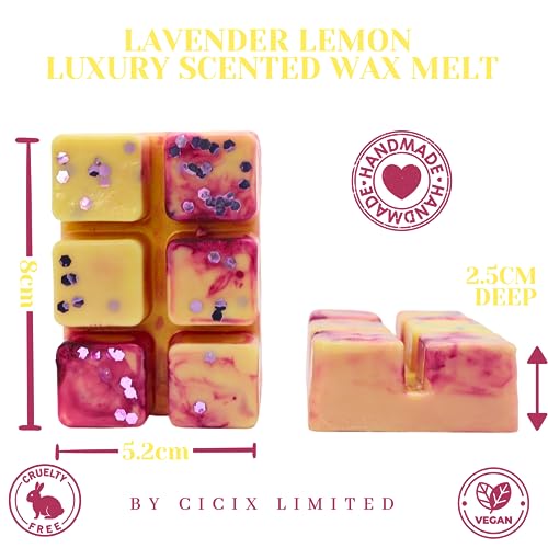 Lavender Lemon – 85g Handmade Artisan Luxury Scented Wax Melt Snapbar. Herbal Scent. Min 75H Burn. Vegan. Highly Scented Candle Alternative For Home And Office. Lasting Fragrance.