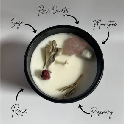 CICIX Luxury Love Crystal Candle with Rose Quartz & Moonstone. Crystal Healing & Botanical Aromatherapy. Wicca Ritual. Gift for Women & Men. Large Candle.